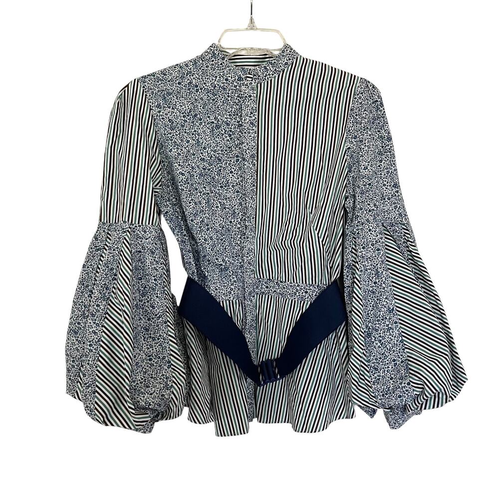 Silvia Tcherassi Celestia Belted Puff Sleeve Striped White Blue Blouse Size M - Picture 5 of 16